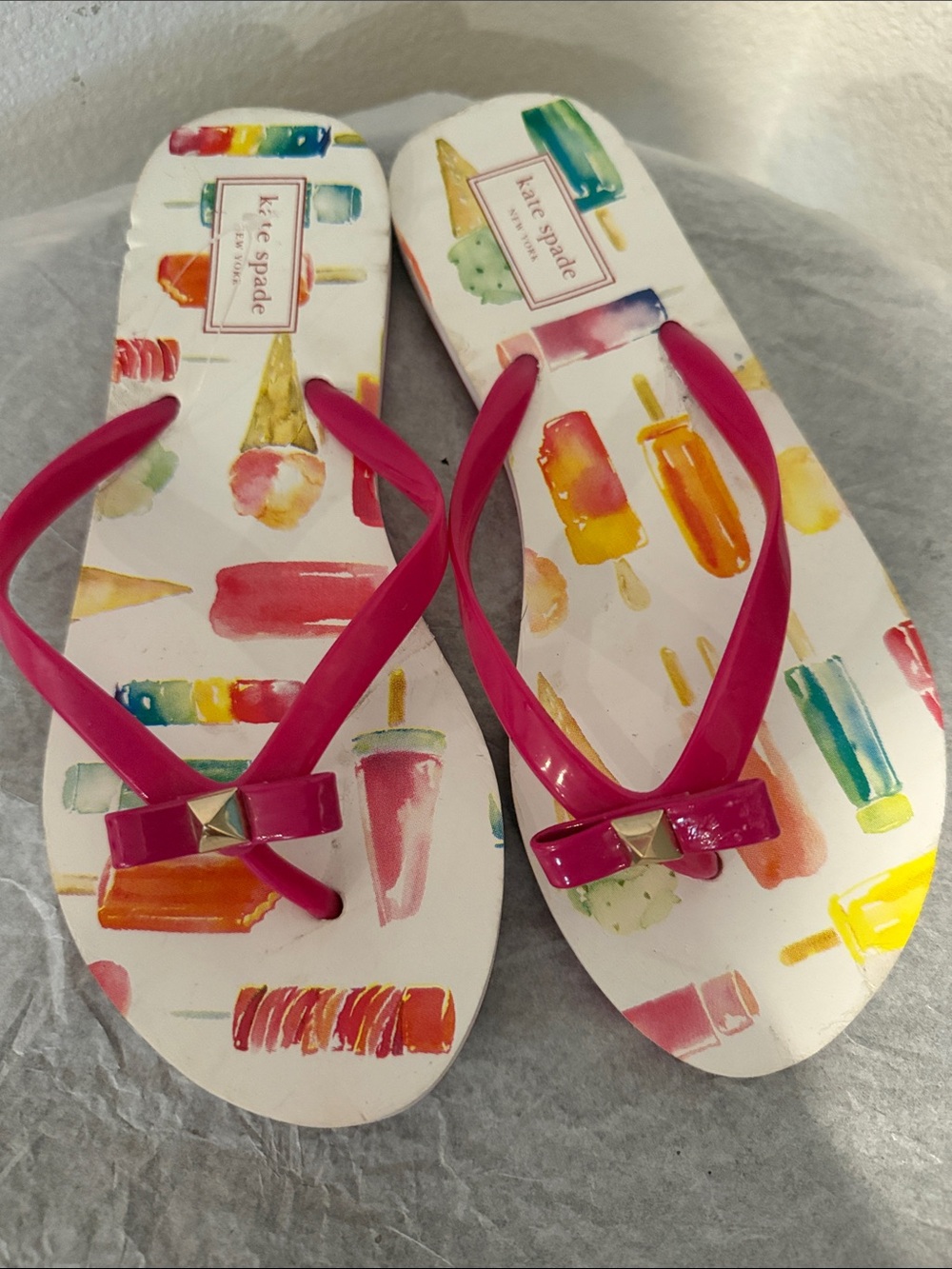 kate spade White Flip Flops with Pink Straps and Colorful Ice Pop Print